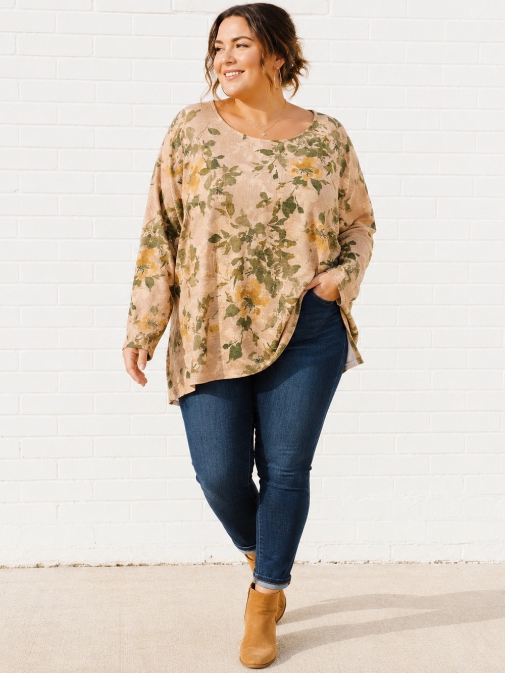 Chenault Floral Tunic Cottagecore Plus Size 3X Waffle Knit Olive Green Top NWT